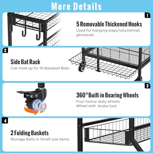 Sports Equipment Garage Organizer - Heavy Duty Garage Organization Ball Storage Rack with Basket, Hooks and Rolling Cart f...