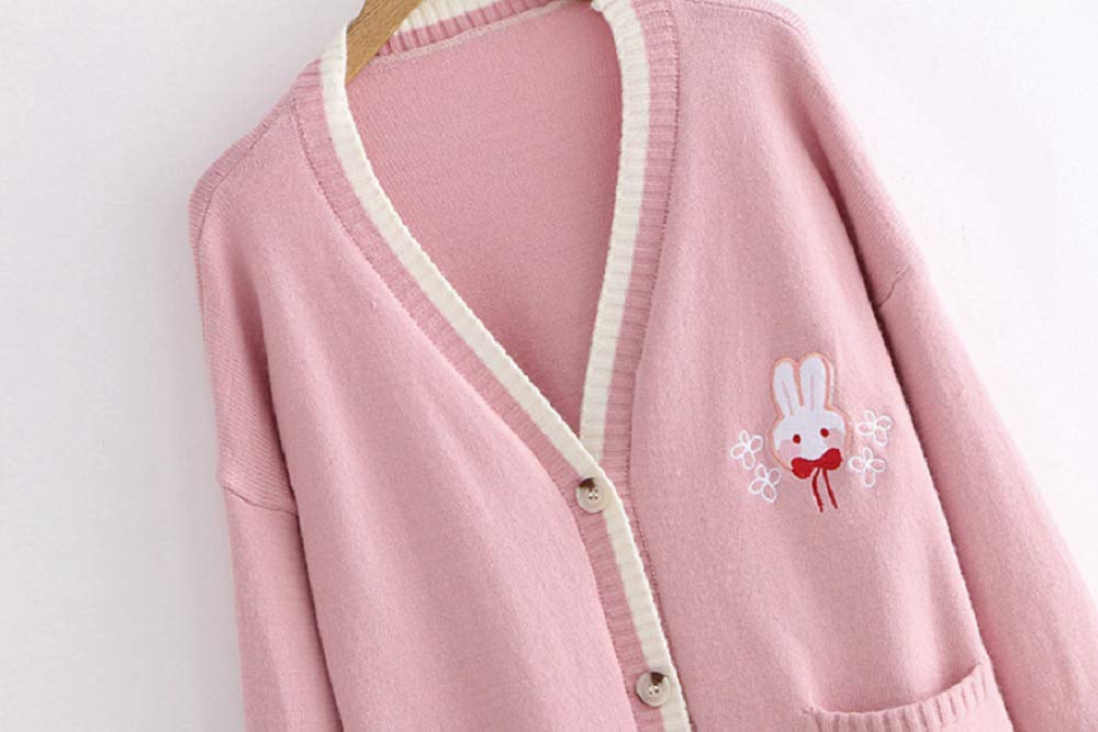 GK-O Mori Girl Kawaii Rabbit Japan JK Uniform Knit Cardigan Sweater Girl School Cosplay Sweater Vneck Long Sleeve (Pink)