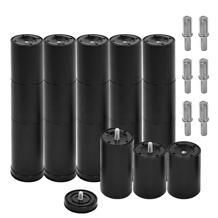 Skuehod 12 Inch Adjustable Bed Legs Replacement Screw in Furniture Support, 3 Sections, Felt Bottom for Hard Floors, Set of 6