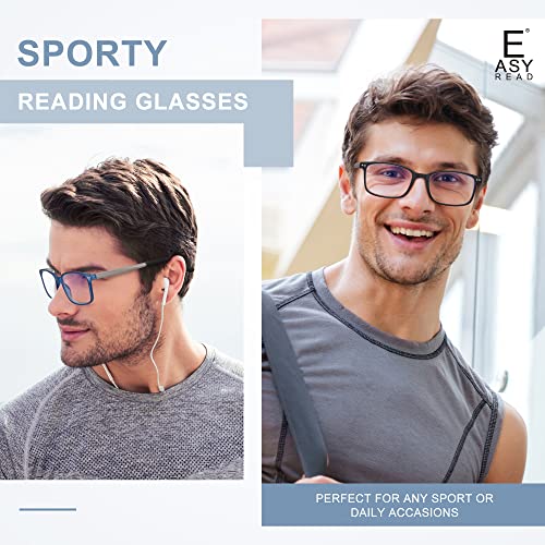 EASY READ 2 Pairs Sporty Style Reading Glasses for Men，Rectangular TR90 Blue Light Blocking Readers with Spring Hinge