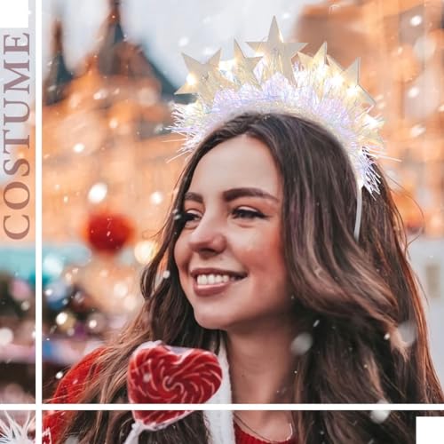 Aceorna Light Up Stars Headbands LED Glowing Halo Crowns Glitter Costume Halo Headband White Luminous Headpiece for Women