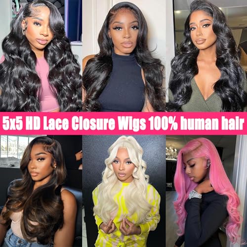 5x5 HD Lace Closure Wigs Glueless Wigs Human Hair Pre Plucked Pre Cut Human Hair Wear and Go Body Wave Lace Front Wigs Human Hair for Black Women 180 Density 20 Inch
