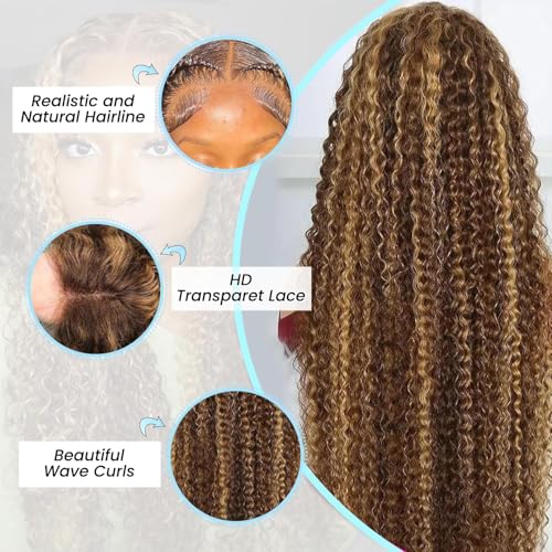 Harmsh Highlight Ombre 13x6 Lace Front Wig Human Hair 210 Density 12 Inch Deep Wave Honey Blonde Glueless HD Transparent Lace Frontal Wigs for Women