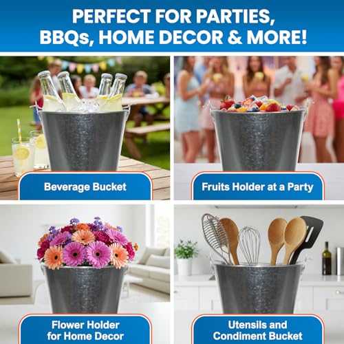 PLEXON Galvanized Metal Ice Bucket for Parties Coctail Bar Restaurant Set of 3 - Drink Beer Champagne Metal Pail Bucket wi...