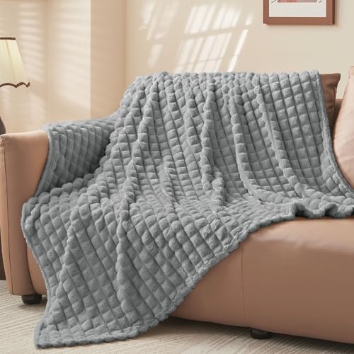 BEDELITE Updated Grey Throw Blanket for Couch and Bed- Super Soft and Warm 3D Checkered Fluffy Fuzzy Fleece Blanket, Luxur...
