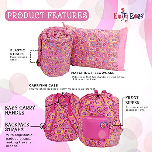 Emily Rose Kids 3-PC Girls Pink Hearts Sleeping Bag Gift Set – Soft Thick Slumber Sack, Pillow Case & Backpack Storage Cas...