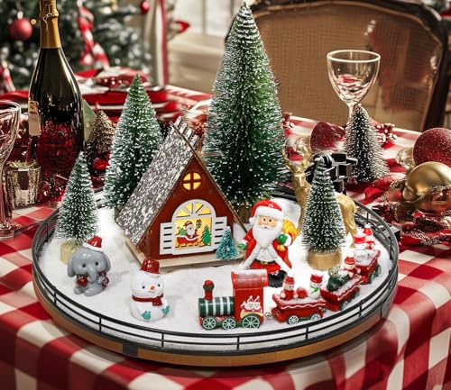 AMH 12 PCS Christmas Table Decorations Set with Oak Rotating Base – Xmas Town Village Centerpiece with Santa, Train, Hous...