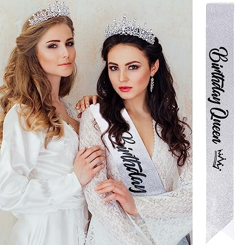 VELSCRUN Silver Crystal Birthday Queen Tiara Crowns for Women Girls Birthday Queen Headband Sash Elegant Princess Crown wi...