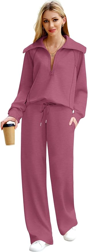 XIEERDUO Lounge Sets For Women 2025 Half Zip Sweatshirt And Wide Leg Sweatpant 2 Piece Outfits Sweatsuit Tracksuit