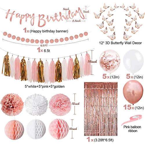 Upgraded Rose Gold Pink Party Decorations with Happy Birthday Banner, Curtains, Butterfly Wall, Circle Dots Garland, Tissu...