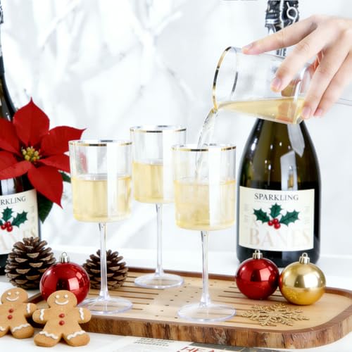 Ciaell 12 Pack Plastic Wine Glasses - 10 Oz Plastic Wine Glasses with Stem - Gold Rim Disposable Cups for Parties & Weddin...
