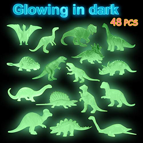 48Pcs Glow in Dark Mini Dinosaur Figures Kids Valentines Day Gifts School Birthday Party Favors Supplies Dino Cupcake Topp...