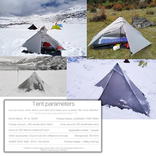 3FULGEAR Lanshan 1 Pro Upgraded Ultralight 1-Person Camping Tent – 3/4 Season, 20D Double-Sided Silicone Nylon, Waterproo...
