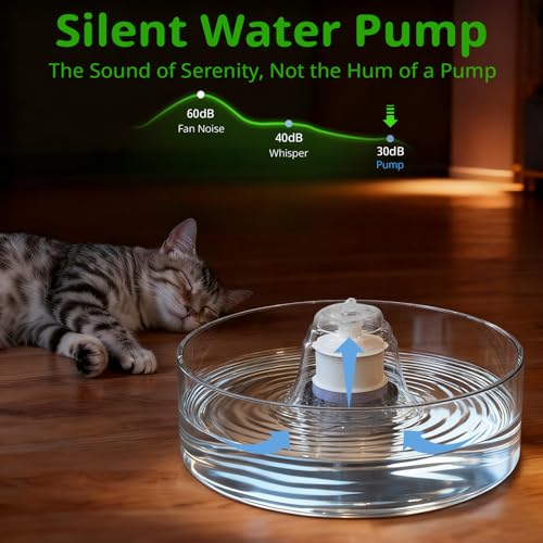 Glass Cat and Dog Water Fountain 90oz/2.7L, Automatic Pet Water Dispenser with Quiet Pump, Drinking Fountain for Cats and ...