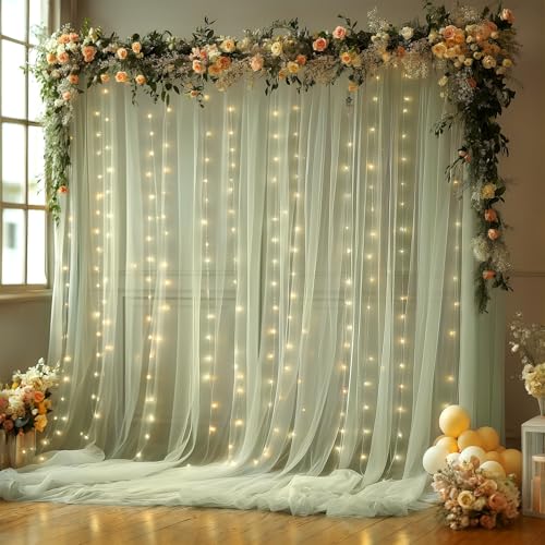 10x10FT Green Wrinkle Free Backdrop Curtains with Lights String for Parties - Photo Curtain Backdrop with Lights for Weddi...