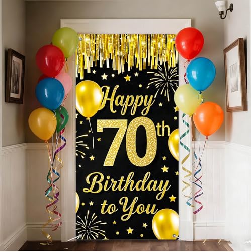 IVN 70th Birthday Door Cover 71x35 Inch Black Gold Birthday Banner for Party Decorations Balloons Stars Fireworks Backdrop...