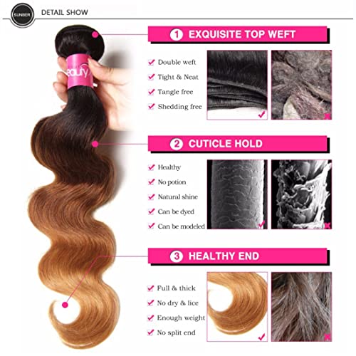 Sunber Ombre Brazilian Hair Bundles Body Wave 12A Grade Human Virgin Hair One Bundles 3 Tone 1B/4/27 Color Hair Extensions 22Inch T1B/4/27 Color