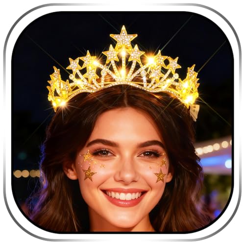 Urieo Light up Star Crown LED Crystal Tiara Headband Birthday Prom Hair Accessories for Women