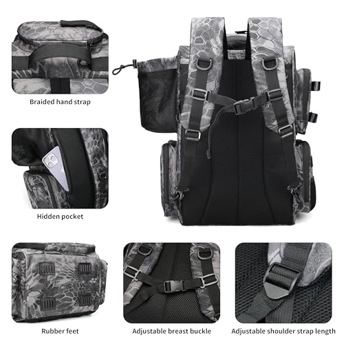 Rabjen Fishing Tackle Backpack with Rod Holders, Bottle Holder, Storage Bag Store Fishing Gear
