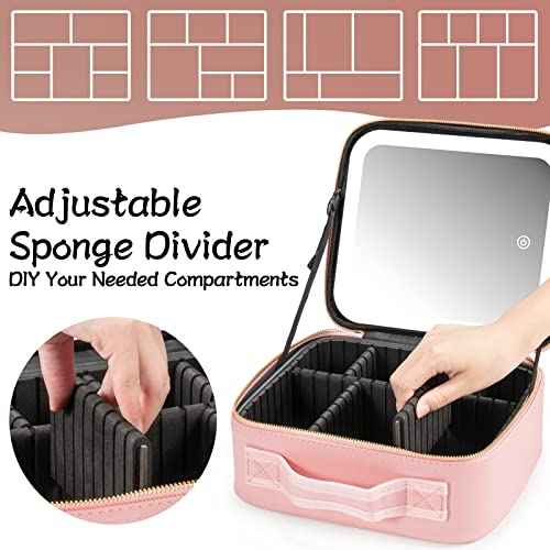 Makeup Travel Train Case with Mirror LED Light 3 Adjustable Brightness Large Cosmetic Bag Portable Storage Adjustable Partition Waterproof Makeup Brushes Make up Jewelry Gift for Women