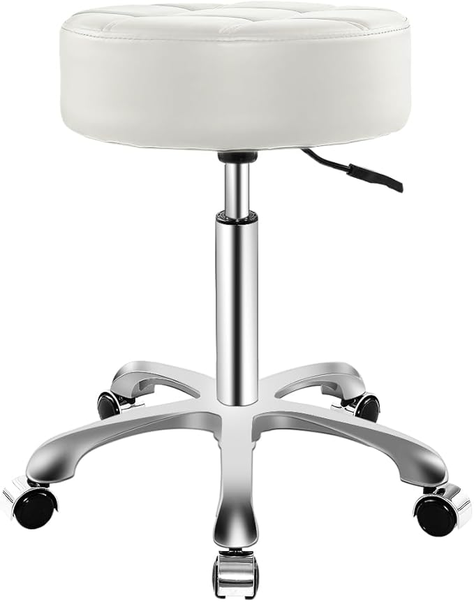 Ainilaily Rolling Stool with Wheels, Thick Cushion Heavy Duty Esthetician Hydraulic Chair Stool for Work Medical Tattoo Salon Office (White)