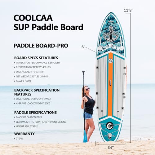 COOLCAA Inflatable Stand-Up Paddle Board, 480Lbs Capacity SUP Board with 34'' Extra Wide, Fishing Paddleboard with Accesso...