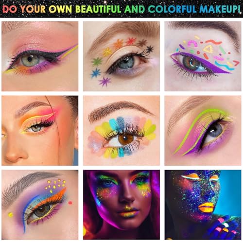 Glow in The Dark Glitter Gel with UV Neon Liquid Eyeliner Pen Set for Body Face Hair Eye, Makeup Kit for Rave Accessories ...