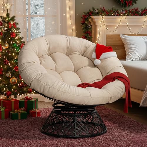 Bme 40" Ergonomic Wicker Papasan Chair with Soft Thick Density Fabric Cushion, High Capacity Steel Frame, 360 Degree Swive...