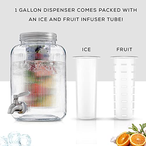 Fluted 1-Gallon Drink Dispenser. Glass Beverage Dispenser with Stainless steel Spigot plus Ice Cylinder and Fruit Infuser!...