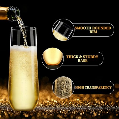 Guanqiao 12 Pack Stemless Plastic Champagne Flutes, 9 oz Clear Disposable Plastic Glasses, Heavy Duty Shatterproof Recycla...
