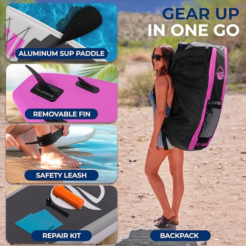SereneLife 10’6” Inflatable Paddle Board with SUP Accessories, Wide 32” Stand Up Paddle Board, Non-Slip Deck Pad, Adjustab...
