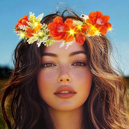 DRESBE Light Up Flower Crown Headband LED Floral Fairy Hair Accessories for Women (Orange)