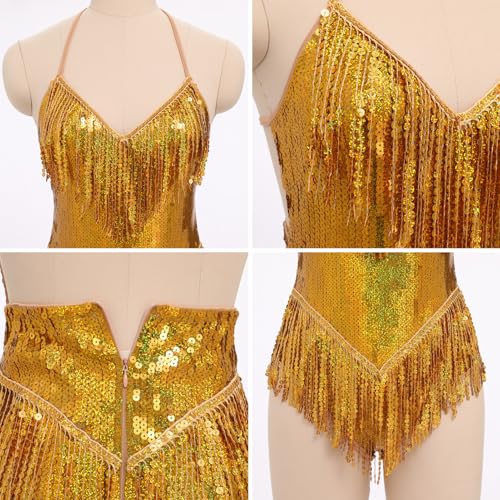 IDOPIP Women Sequin Fringe Bodysuit Sparkly Tassel Leotard Romper Women's Latin Dance Dress Sexy Festival Rave Party Outfits