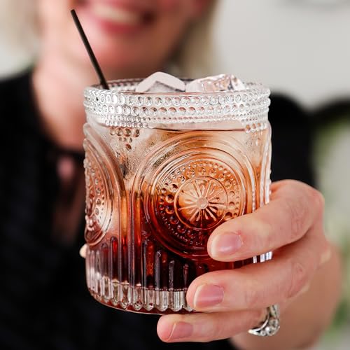 Ribbed Retro Arch Floral Clear Drinking Glasses Set of 6, (10 oz) Vintage Glassware Set by Kate Aspen| Cocktail Glass Set,...