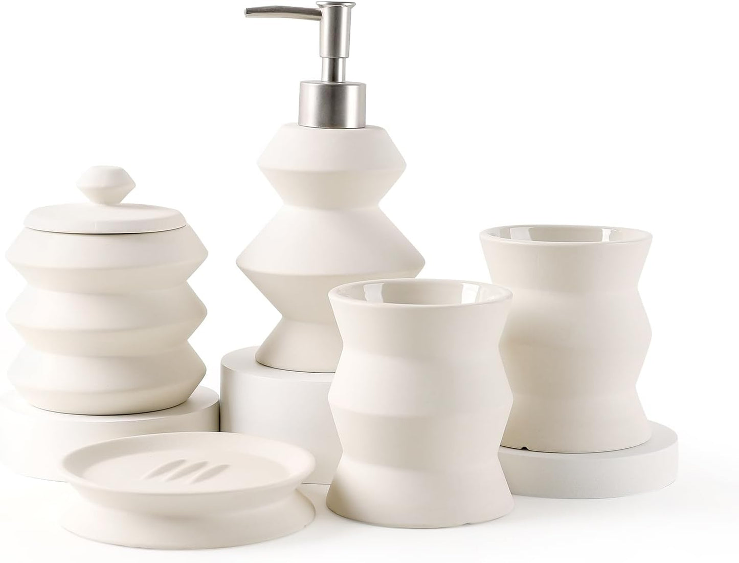 Bathroom Accessory Set 5PCS, Beige Ceramic Bathroom Accessories Set, Unique Design Small Bathroom Accessories Sets Complete, Home Apartment Minimalist Bathroom Decor Vanity Countertop, ANTIS'S HOME
