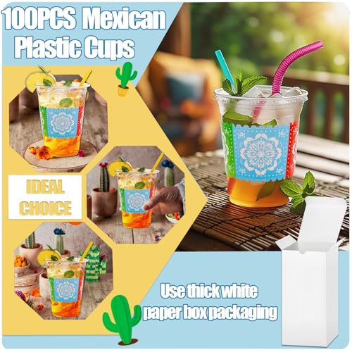100 Count 12 oz Fiesta Plastic Cups Mexican Disposable Party Cups Cinco De Mayo Margarita Drinkware for Fiesta Cinco De Ma...
