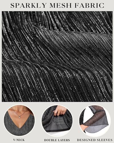 VALOLIA Womens Sparky Tops 3/4 Sleeve Glitter Sequin Shiny Dressy Blouses V Neck Party Evening Cocktail Shirts