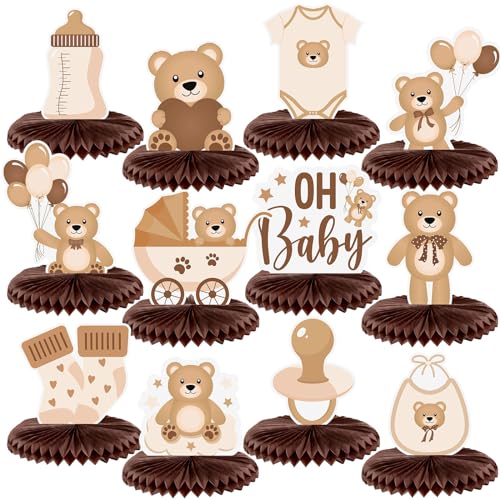 Bencailor 12 Pcs Bear Baby Shower Honeycomb Centerpieces Neutral Cream Bear Baby Shower Table Decorations Birthday Party T...