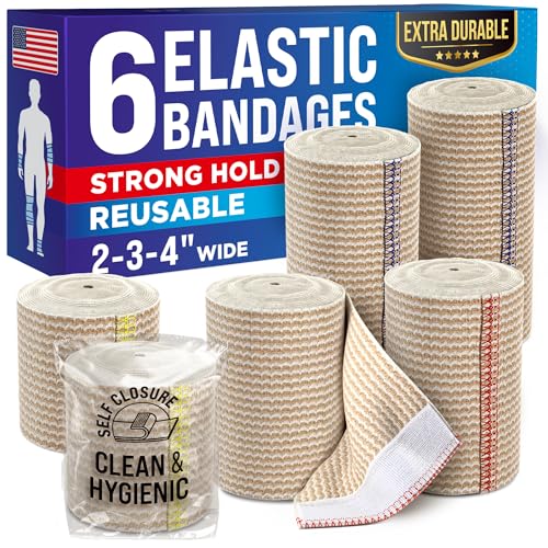 High-Performance Elastic Bandage Wrap - 6 Pack (2x2in, 2x3in, 2x4in) - Self-Closing Strong Compression Bandage Wrap for Fe...