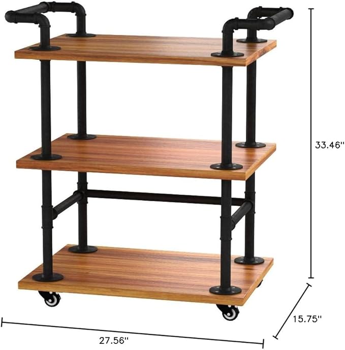 DOFURNILIM Industrial Pipe Bar Carts/Serving Carts/Kitchen Carts/Wine Rack Carts on Wheels with Shelves - Wood Rolling Carts - Wine Tea Liquor Shelves/Holder - Home Furniture