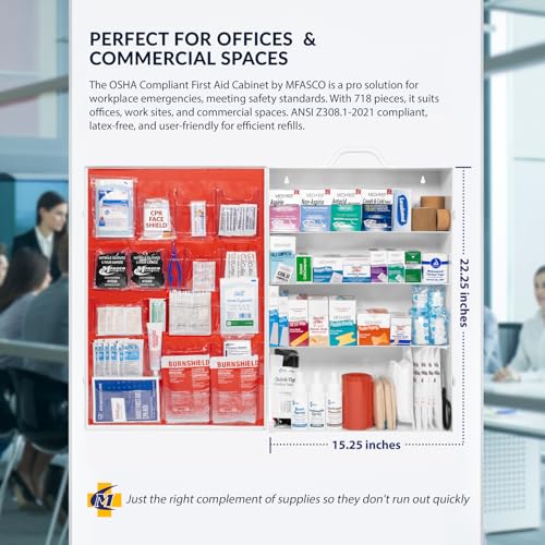 MFASCO Commercial Wall Mount 4 Shelf First Aid Kit - OSHA & ANSI Compliant, Refillable Metal First Aid Cabinet for Busines...