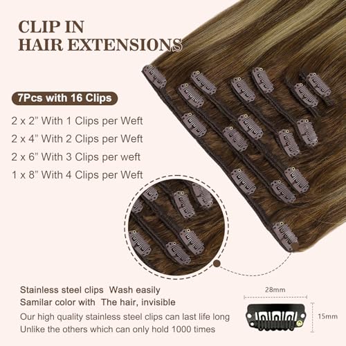 Clip in Hair Extensions Real Human Hair 120g 7pcs Human Hair Clip in Extensions 16 Inch Chocolate Brown Mixed Caramel Blonde #4/27/4 Thickened Straight Real Hair Extensions Clip in Human Hair