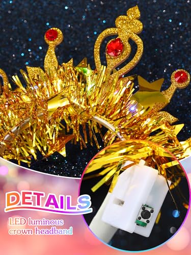 Campsis Light Up Glow Crown Headband Sparkly Gold Headpiece Halloween Costume Headwear Rave Hair Accessories for Women