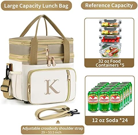 LOKASS Personalized Lunch Bag for Women Work, 16L Initial Insulated Lunch box for Adult/Womens Gift, Leakproof Personalized Gift Lunchbag with Adjustable Shoulder Strap, Cooler Bag Beige - T