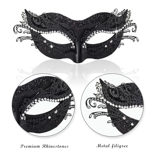 BCARICH 2025 New Masquerade Mask for Women, Metal Filigree Venetian Mask with Sparkle Rhinestone for Mardi Gras