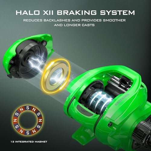 KastKing Zephyr Baitcasting Fishing Reel, Right Handed, Green & 7'4" M & MH Casting Rod Combo
