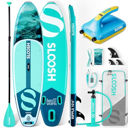 SLOOSH Inflatable SUP & Electric Pump Bundle – 10'6" Paddle Board with Premium Accessories, Non-Slip EVA Deck, 20 PSI Dua...