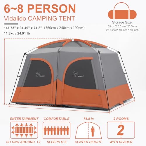 Vidalido Tents，6-8 Person Camping Tent with Extended Vestibule，2 Room Weather Resistant Family Tents，Easy Install Waterpro...