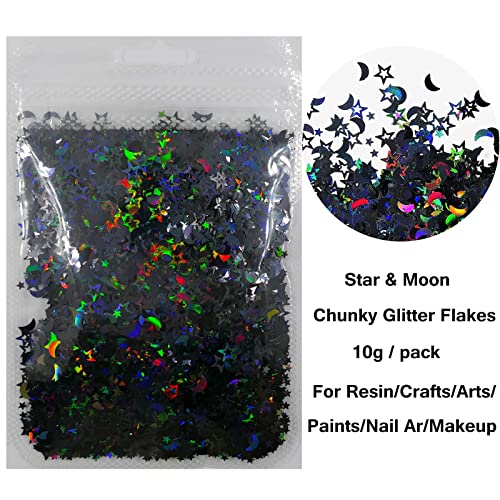 LoveOurHome 6 Colors Star Moon Chunky Glitter Flakes Resin Epoxy Accessories Holographic Black Blue Stars Glitters Confett...