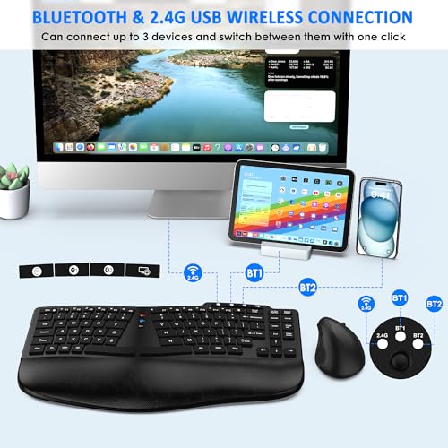 Ergonomic Wireless Keyboard Mouse Combo, Bluetooth/2.4G Split Design Keyboard with Palm Rest and 3 Levels DPI Adjustable W...